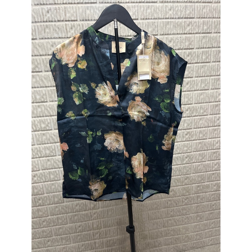 Elie Womens Navy Floral Satin Sleeveless Split Neck Blouse‎ Top EH321056 S/P NWT